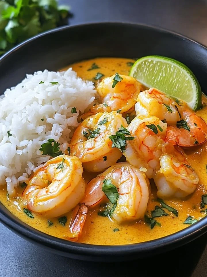 Delicious Coconut Curry Shrimp served with rice and vegetables