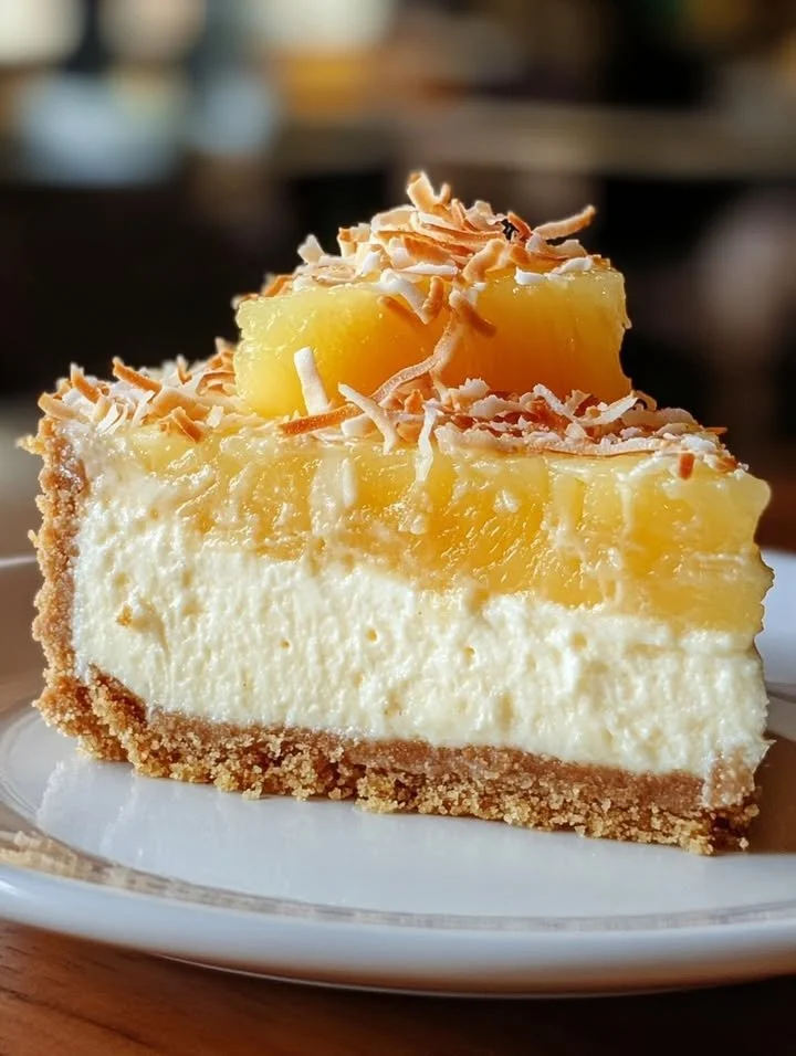 Delicious Coconut Pineapple Cheesecake with tropical flavors