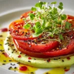 Confited tomato slices with a zesty avocado-lime swirl garnish