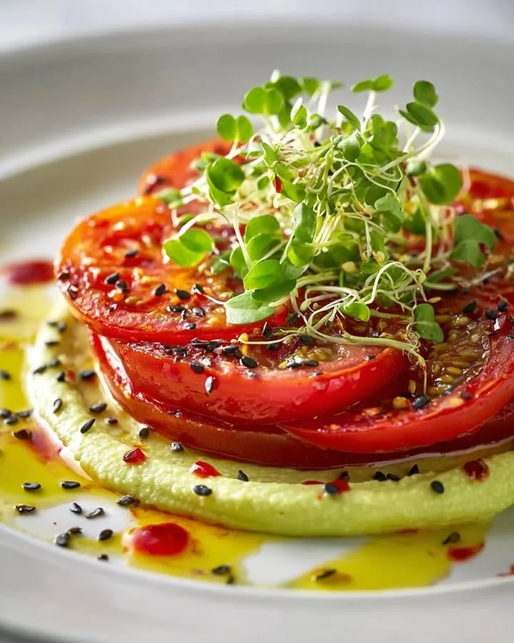 Confited tomato slices with a zesty avocado-lime swirl garnish