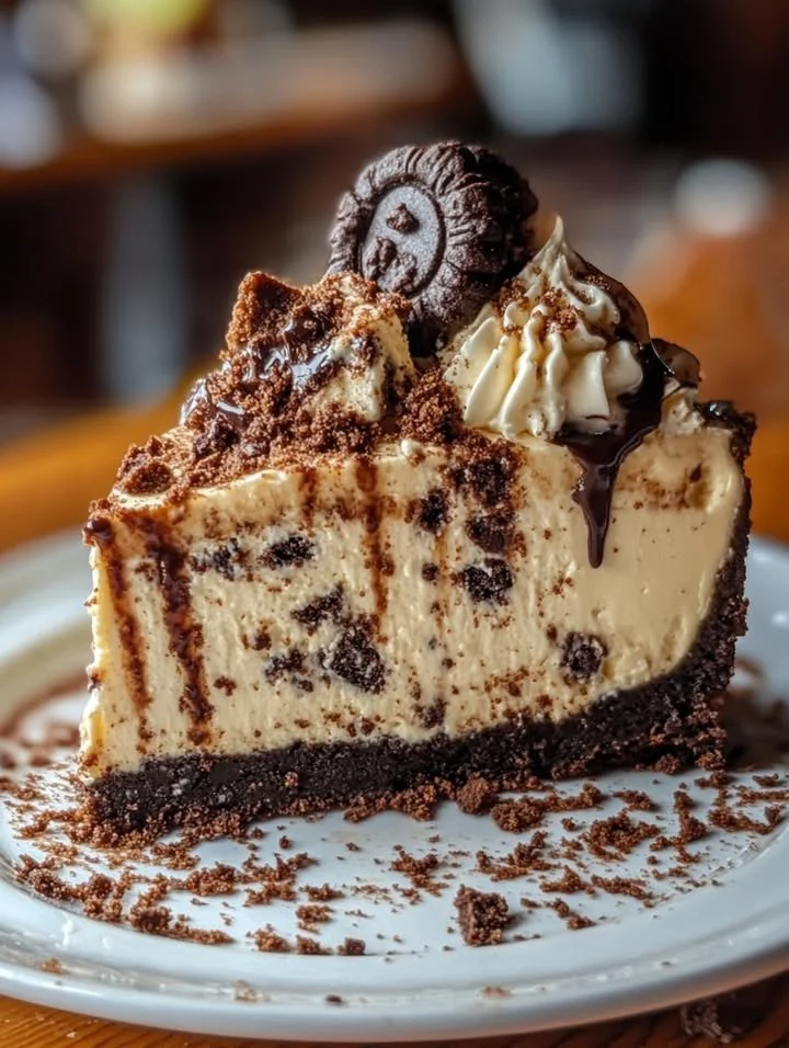 Delicious Cookie Monster Cheesecake topped with cookie crumbles