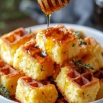 Cornbread waffle bites with smoked gouda cheese and honey drizzle