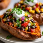 Stuffed sweet potatoes topped with vibrant Cowboy Caviar for a healthy meal.