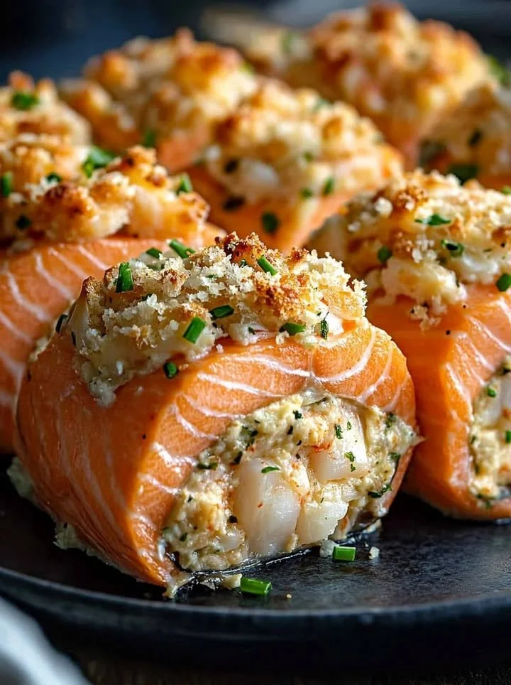 Crab and shrimp stuffed salmon garnished with fresh herbs and lemon slices