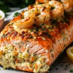 Delicious crab and shrimp stuffed salmon garnished with fresh herbs
