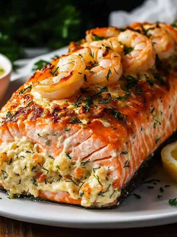 Delicious crab and shrimp stuffed salmon garnished with fresh herbs