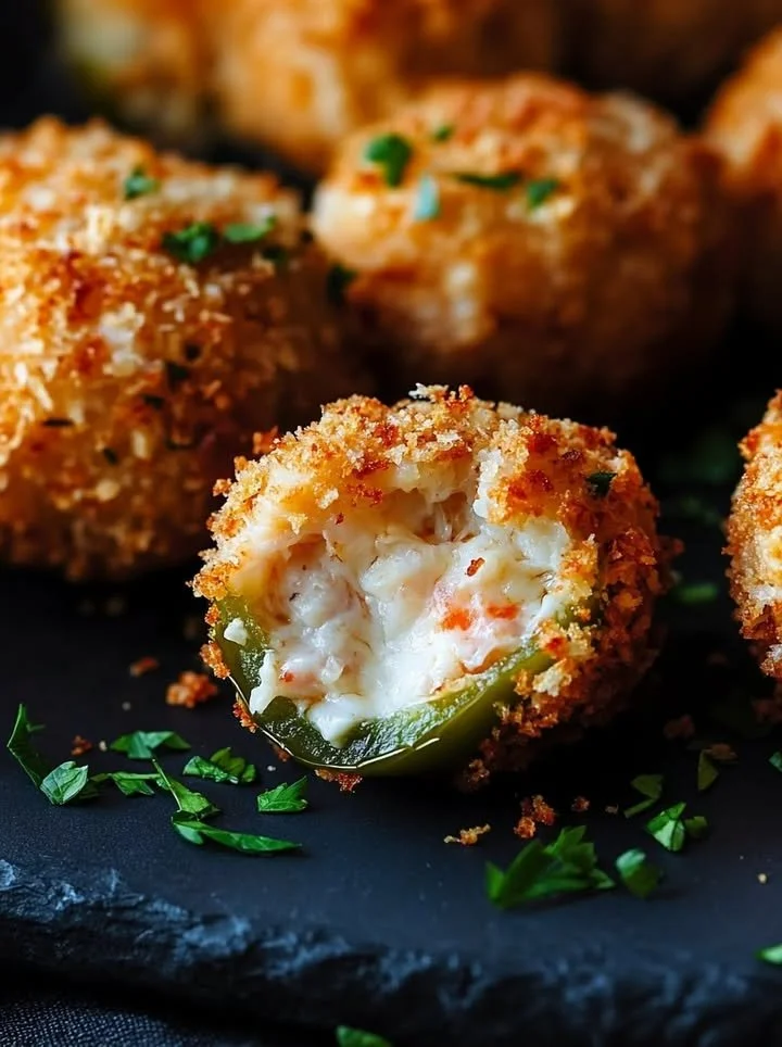 Crab and cream cheese stuffed jalapeño poppers on a serving platter