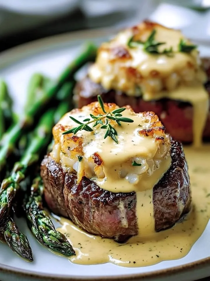 Crab-stuffed beef tenderloin garnished with Béarnaise sauce on a plate
