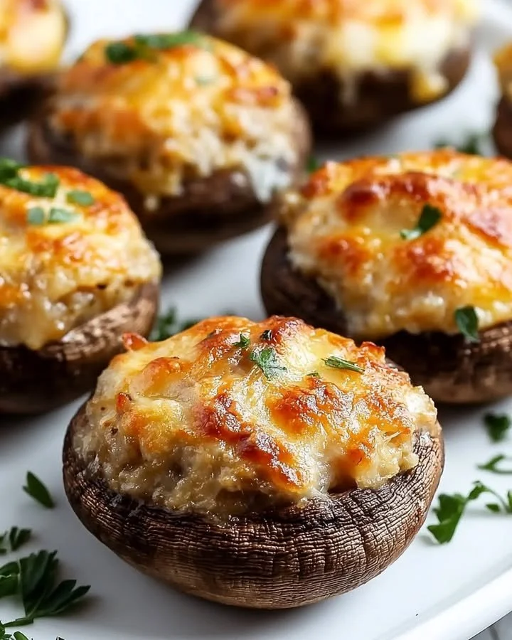 Delicious crab stuffed mushrooms garnished and ready to serve