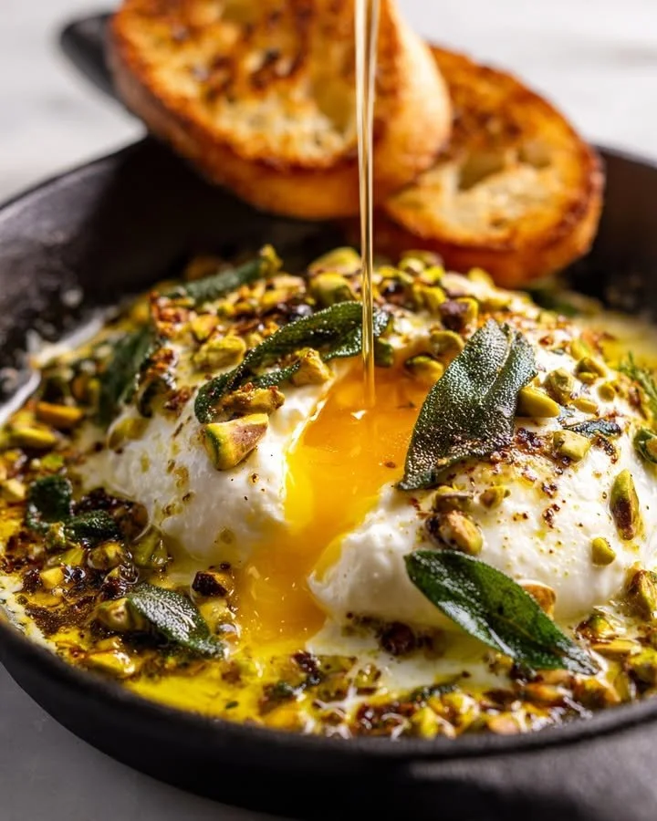 Cracked pistachio burrata skillet with creamy cheese and toasted nuts