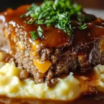 Delicious Cracker Barrel meatloaf served with mashed potatoes and gravy.