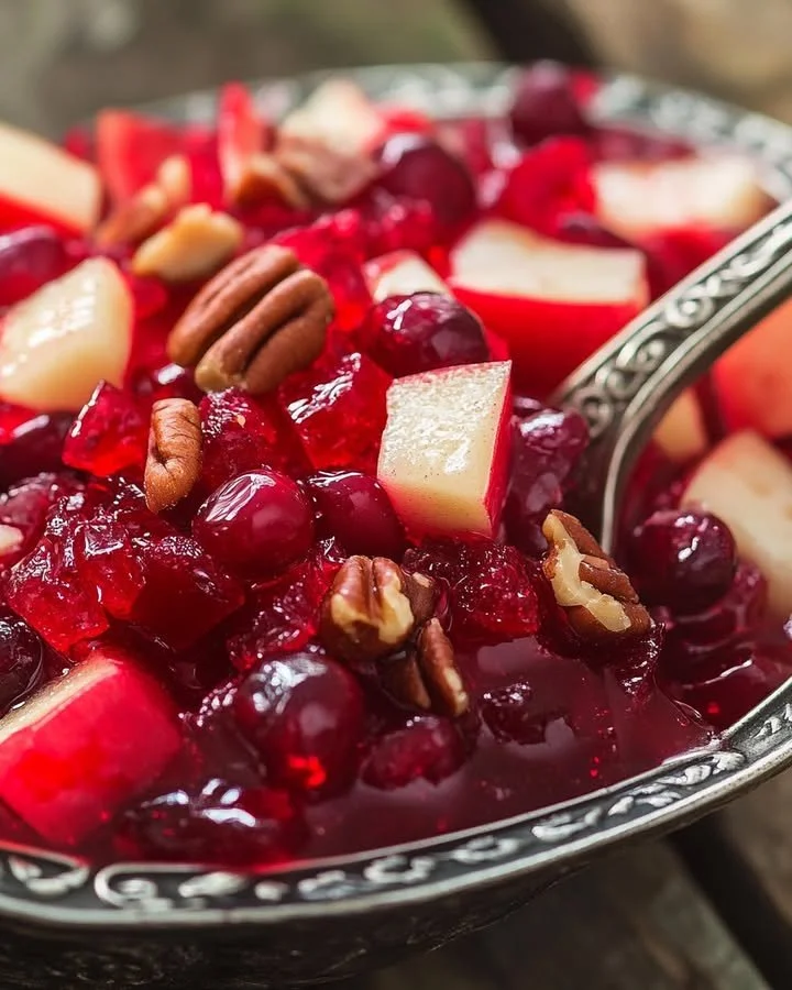 Cranberry Apple Jello Salad with fresh cranberries and apple chunks in a bowl