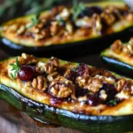Cranberry and goat cheese stuffed zucchini boats served on a rustic plate