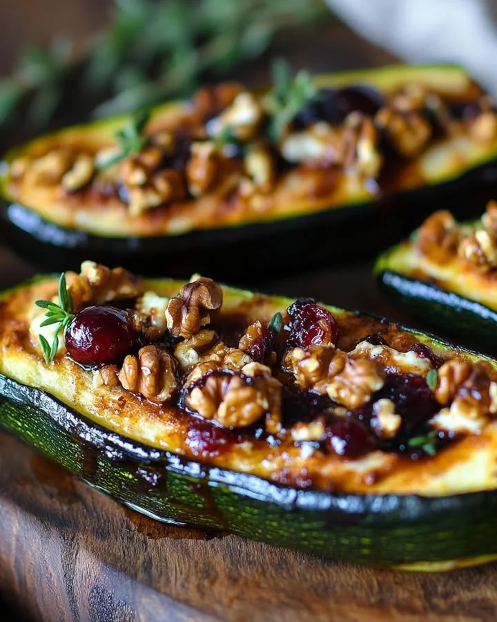 Cranberry and goat cheese stuffed zucchini boats served on a rustic plate