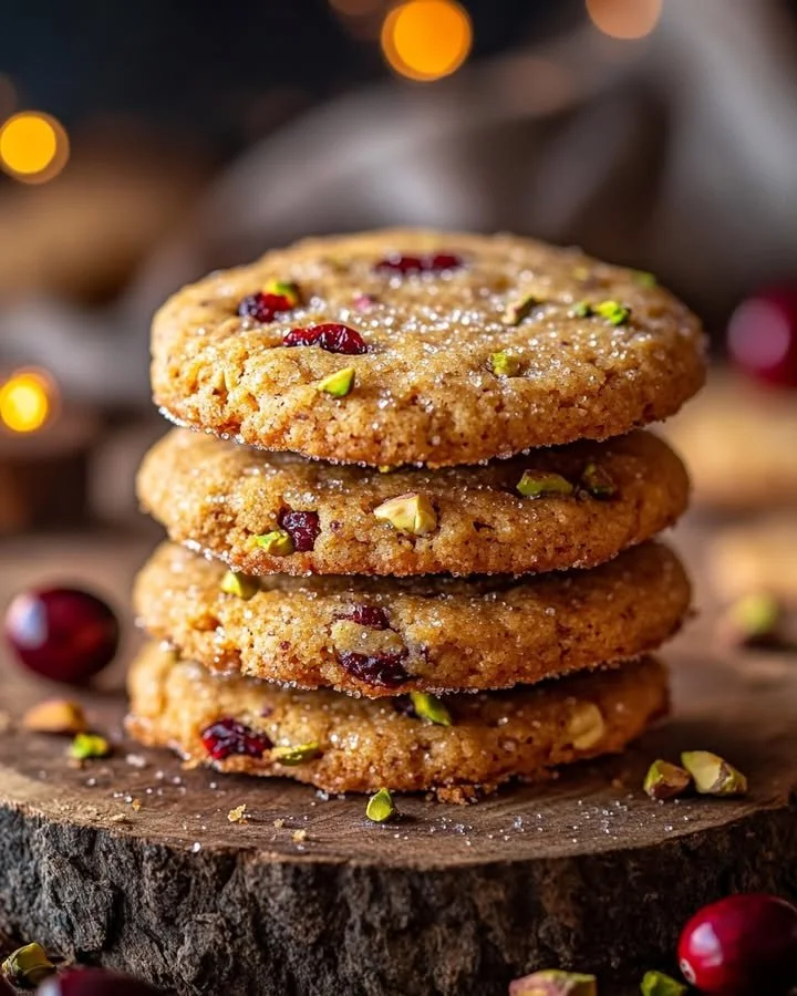 Cranberry Orange Pistachio Cookies on a rustic wooden table