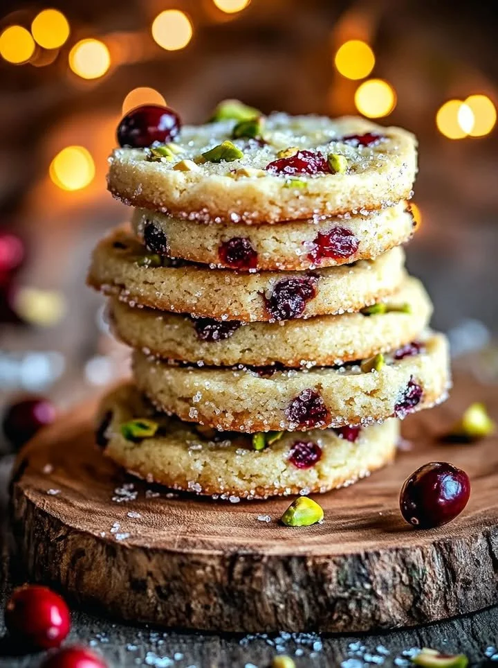 Cranberry Pistachio Shortbread Cookies on a baking tray