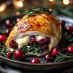 Cranberry and spinach stuffed chicken breasts with brie on a plate