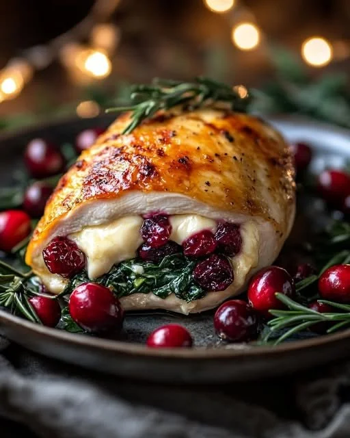 Cranberry and spinach stuffed chicken breasts with brie on a plate