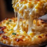 Delicious cream cheese corn casserole in a baking dish