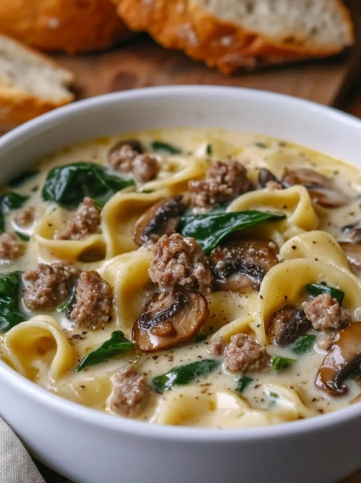 Bowl of creamy Alfredo Lasagna Soup topped with cheese and herbs