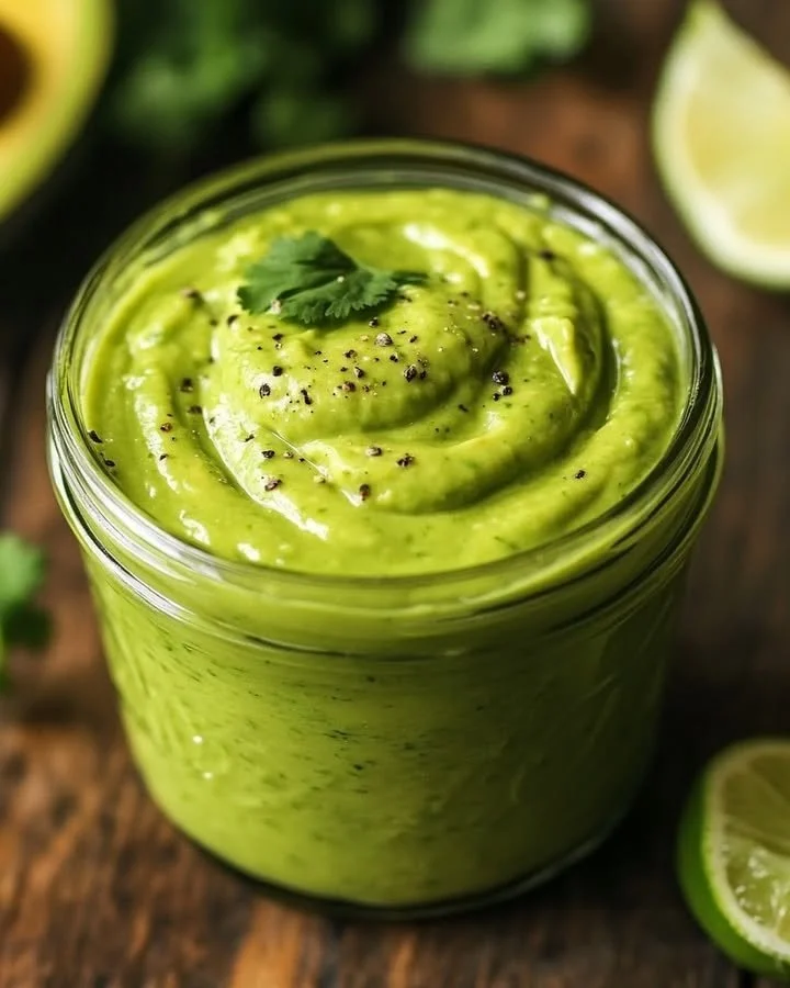 Creamy avocado sauce in a bowl with fresh ingredients