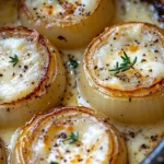 Creamy baked onions garnished with Asiago cheese, a flavorful side dish.