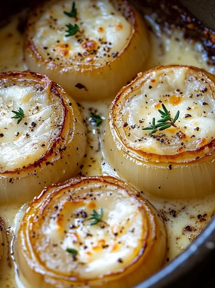 Creamy baked onions garnished with Asiago cheese, a flavorful side dish.