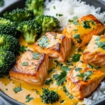 Creamy coconut curry salmon served with tender broccoli on a plate.