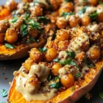 Creamy sweet potatoes with spiced chickpeas and tahini butter sauce