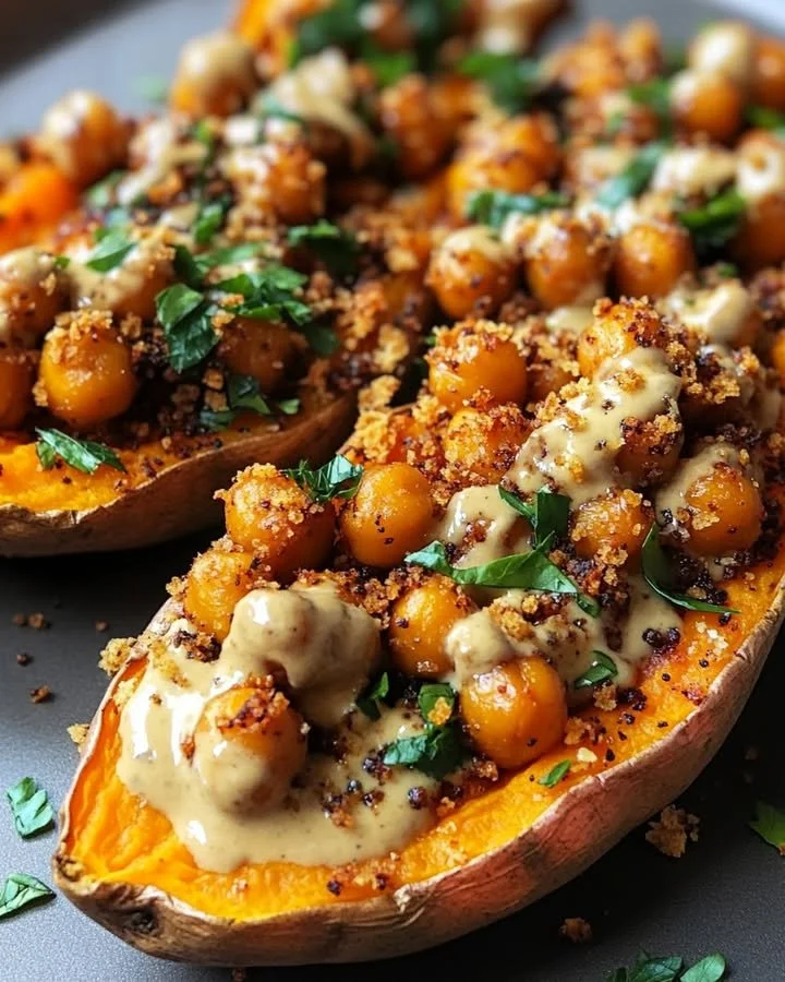 Creamy sweet potatoes with spiced chickpeas and tahini butter sauce