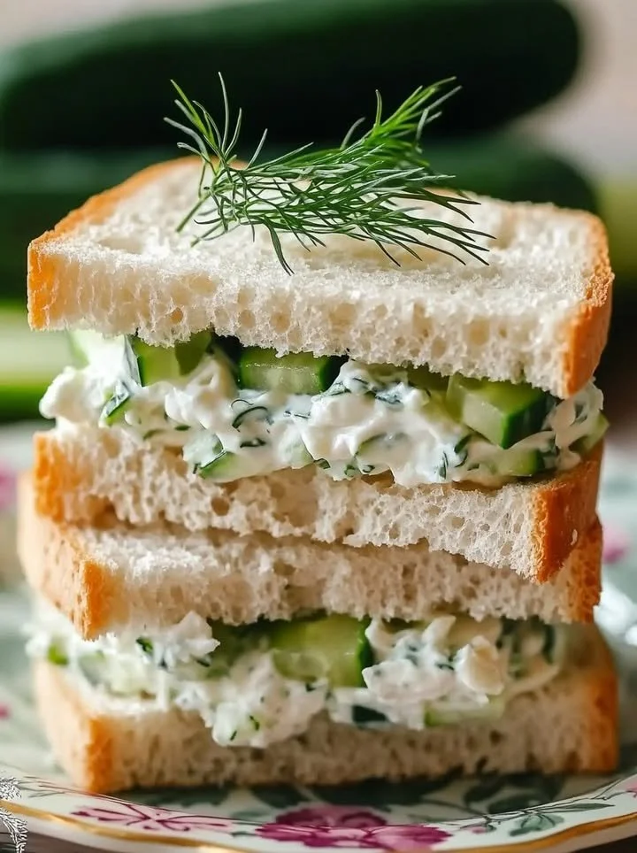 Creamy cucumber tea sandwiches on a platter for afternoon tea.