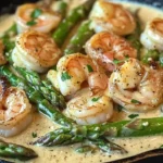 Creamy Garlic Butter Shrimp and Asparagus Skillet served in a pan