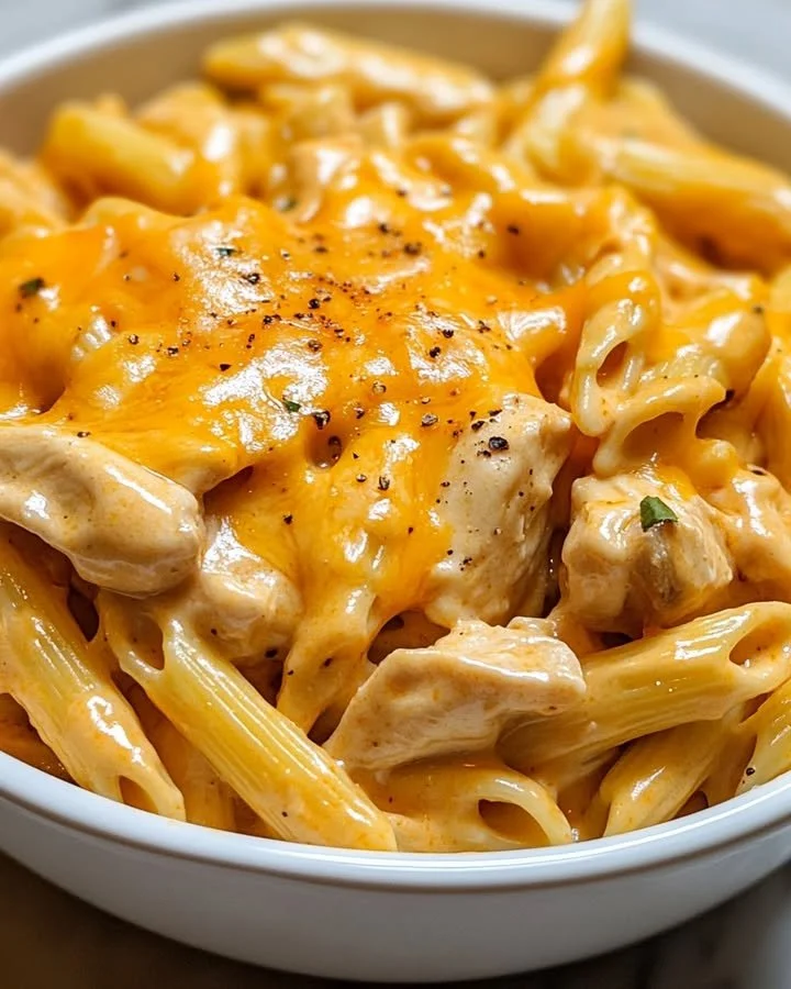 Creamy honey BBQ chicken and cheddar pasta dish served in a bowl