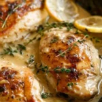 Creamy lemon thyme chicken garnished with fresh herbs