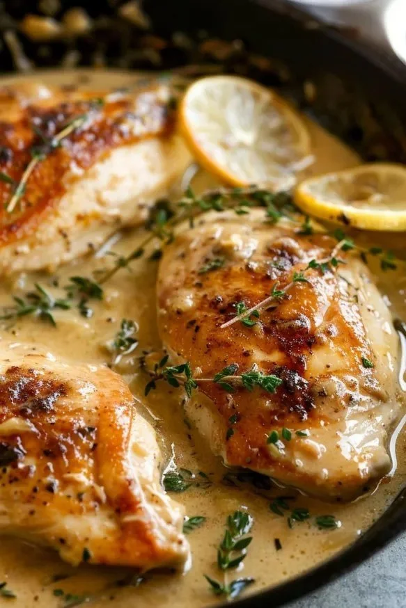 Creamy lemon thyme chicken garnished with fresh herbs
