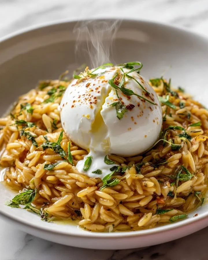 Creamy orzo risotto with lemon feta sauce and burrata cheese on a plate