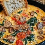 Bowl of creamy Parmesan Italian sausage soup garnished with herbs