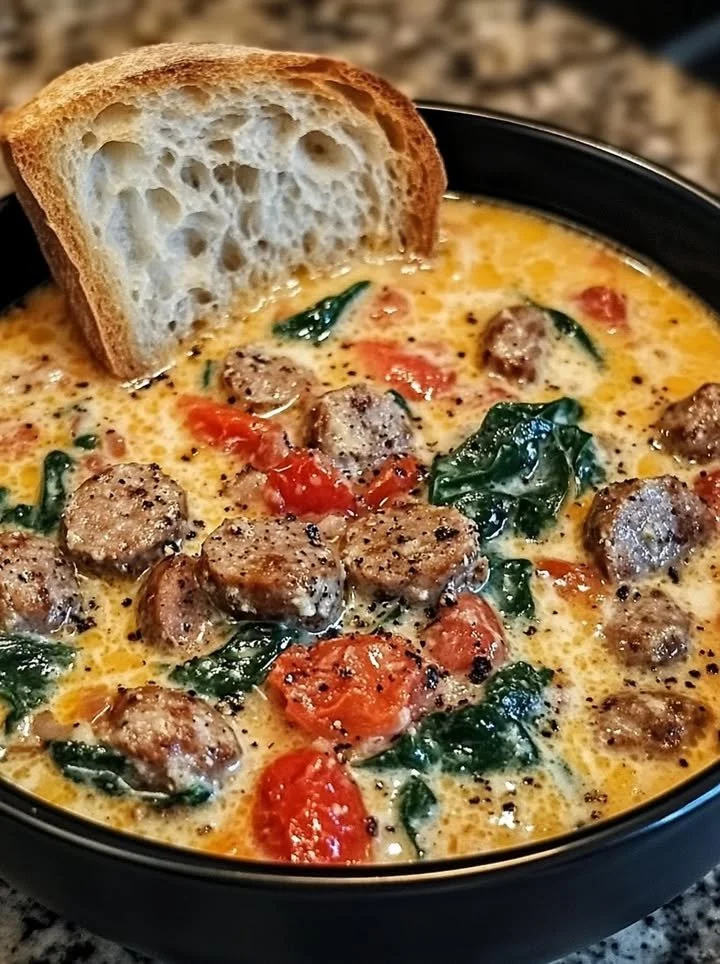Bowl of creamy Parmesan Italian sausage soup garnished with herbs