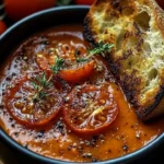 A bowl of creamy roasted tomato and garlic soup garnished with fresh herbs.