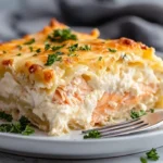 Creamy salmon lasagna with spinach and ricotta served in a baking dish