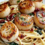 Creamy scallop spinach spaghetti dish garnished with fresh herbs
