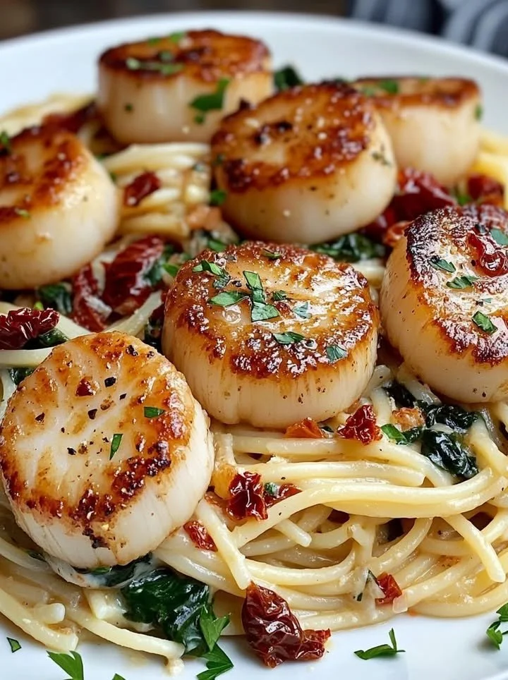 Creamy scallop spinach spaghetti dish garnished with fresh herbs