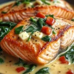 Creamy spinach and roasted red pepper salmon dish garnished with herbs.