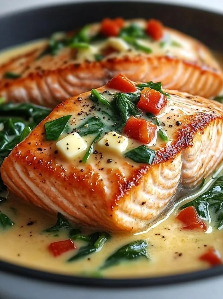 Creamy spinach and roasted red pepper salmon dish garnished with herbs.