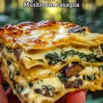 Creamy spinach mushroom lasagna layered with cheese and fresh herbs.