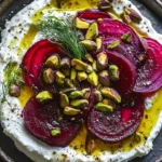 Creamy whipped feta topped with marinated beets and pistachios on a serving plate.