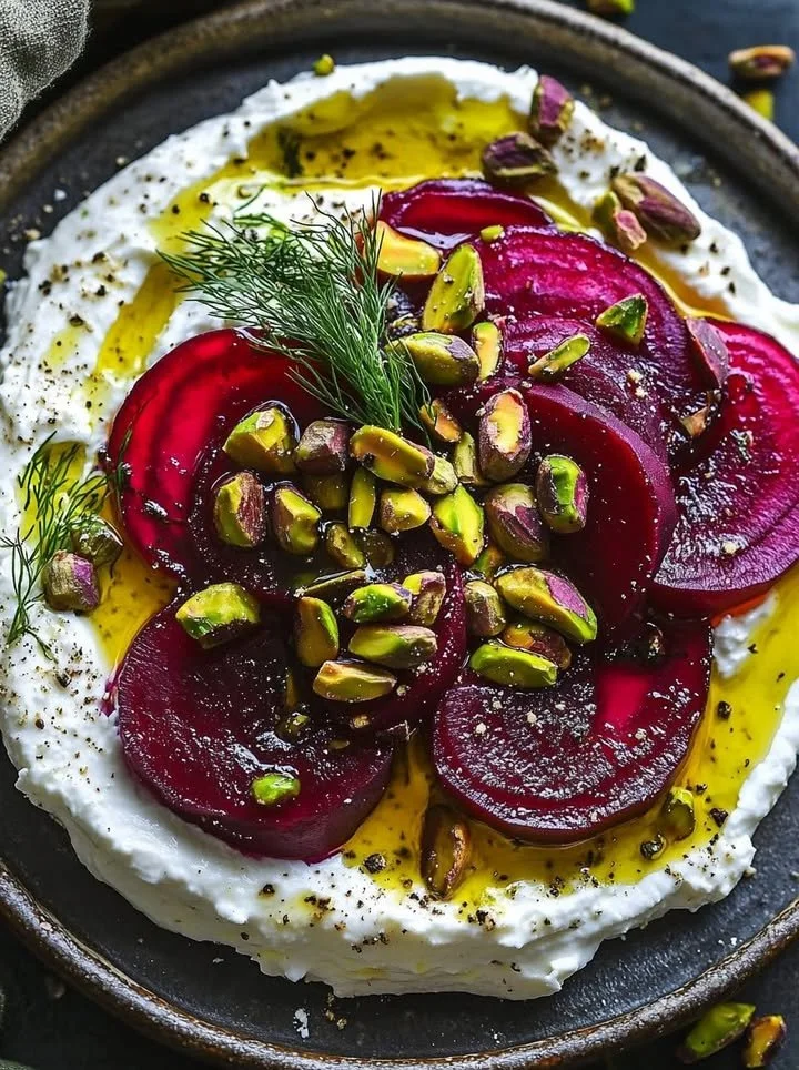 Creamy whipped feta topped with marinated beets and pistachios on a serving plate.