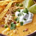 Bowl of creamy white chicken chili with toppings and fresh herbs