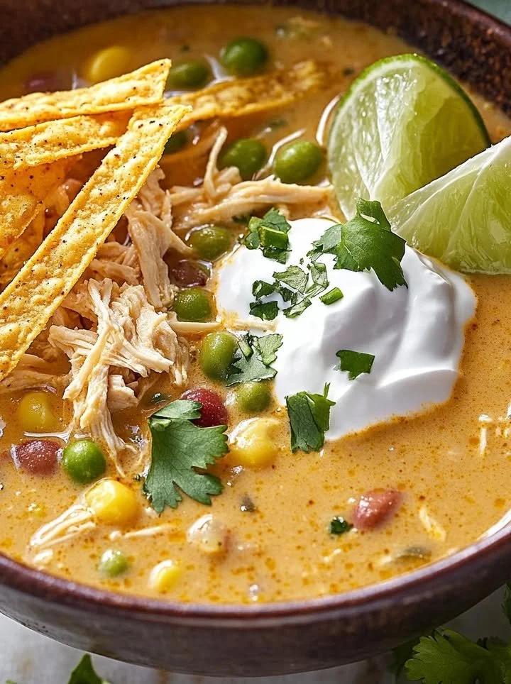 Bowl of creamy white chicken chili with toppings and fresh herbs