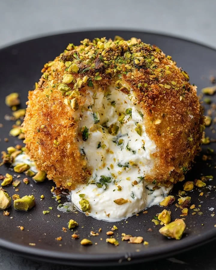 Crispy Burrata Bomb featuring whipped goat cheese and herb filling.
